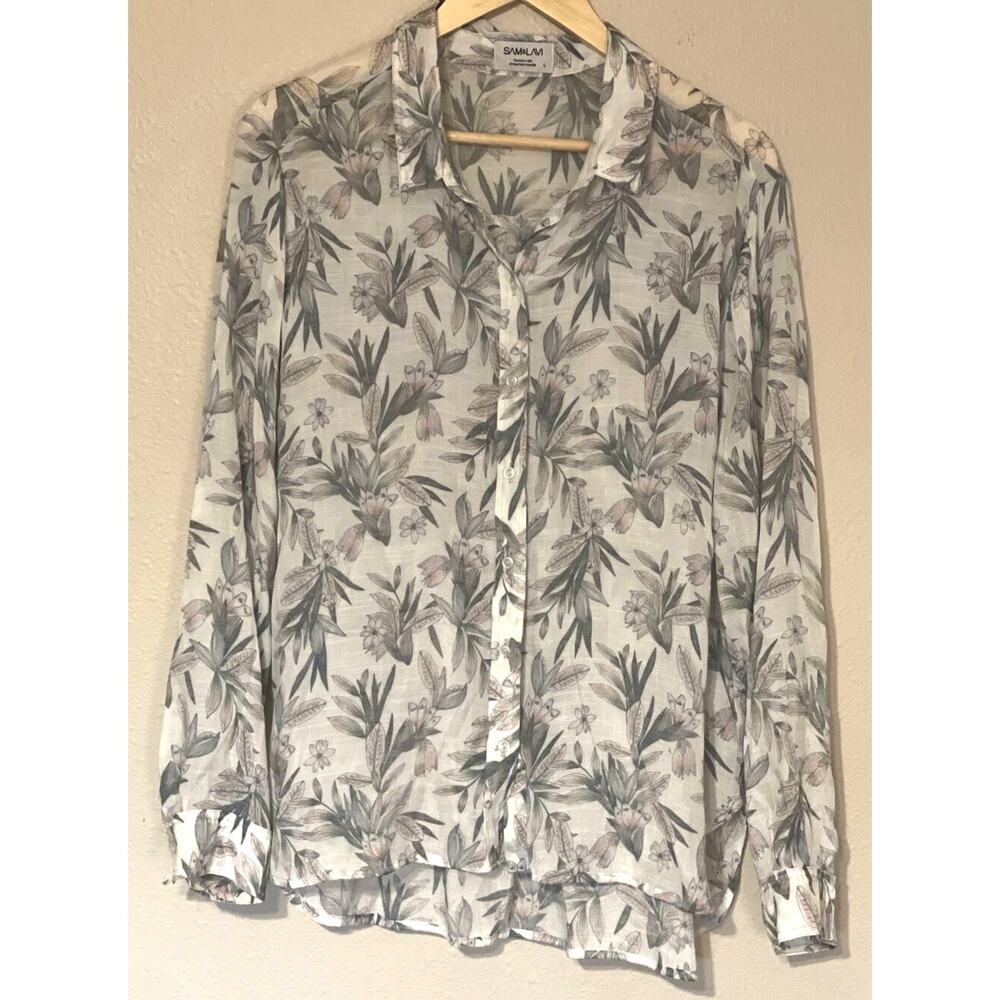 Sam & Lavi Anthropologie Women's Blouse Size L White Floral Semi-Sheer Pastels
